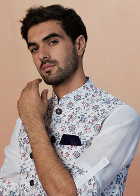 White Floral Print Kurta Jacket Set image number 2
